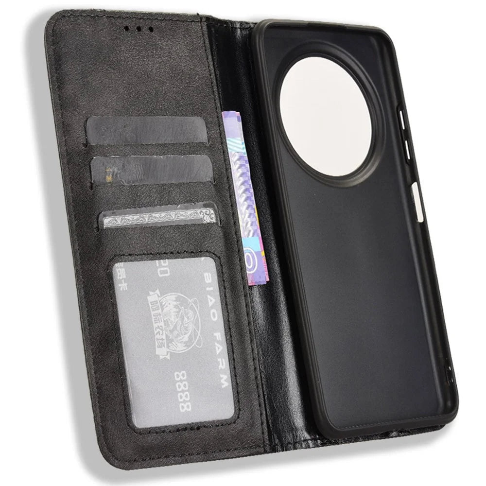 For Oukitel C37 Case Wallet Retro Leather Phone Cover Strong Magnetic Close - Black - 5
