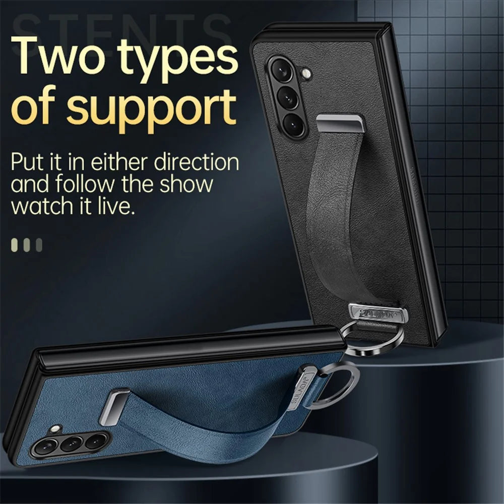 SULADA Fashion Series for Samsung Galaxy Z Fold6 5G Case Strap Kickstand Leather+PC Phone Cover - Blue - 2