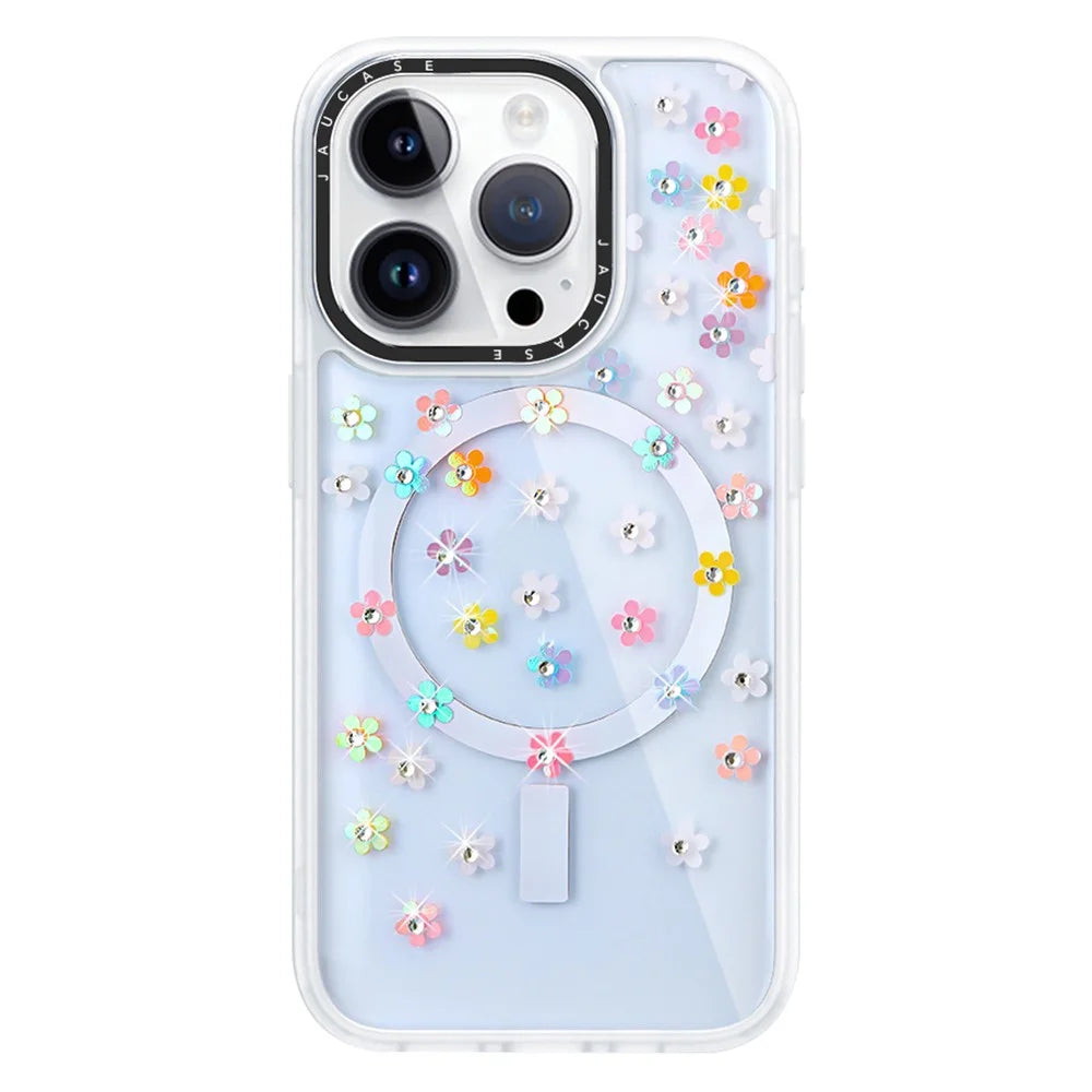 JAUCASE For iPhone 15 Pro Rhinestone Decor Flower Laser PC+TPU Phone Cover Compatible with MagSafe - Colorful Flower+White - 1