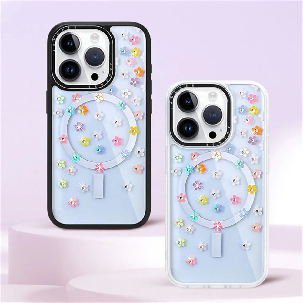 JAUCASE For iPhone 14 Pro Rhinestone Decor Flower Laser PC+TPU Phone Cover Compatible with MagSafe - Colorful Flower+White - 2