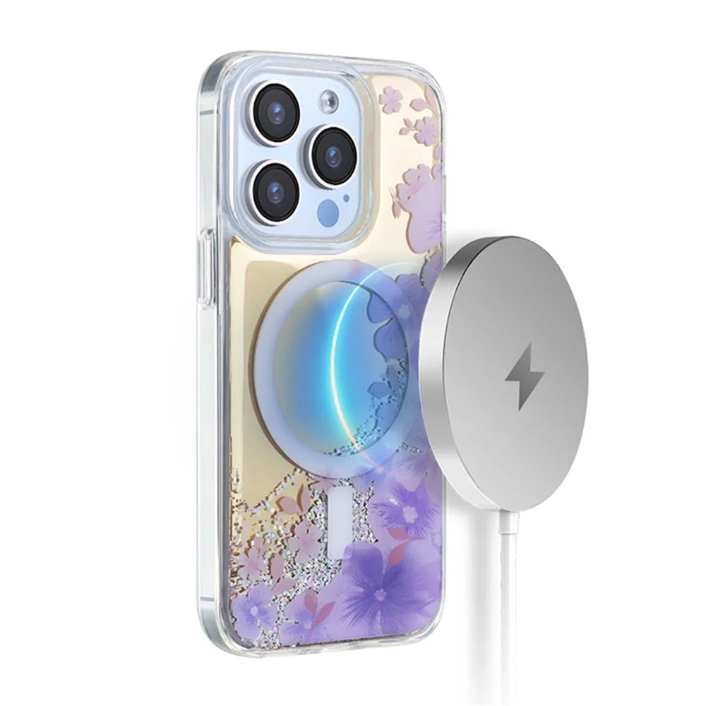 JAUCASE For iPhone 15 Pro Max Case Flower Pattern Mirror Surface TPU+PC Magnetic Cover - Purple Flower - 3