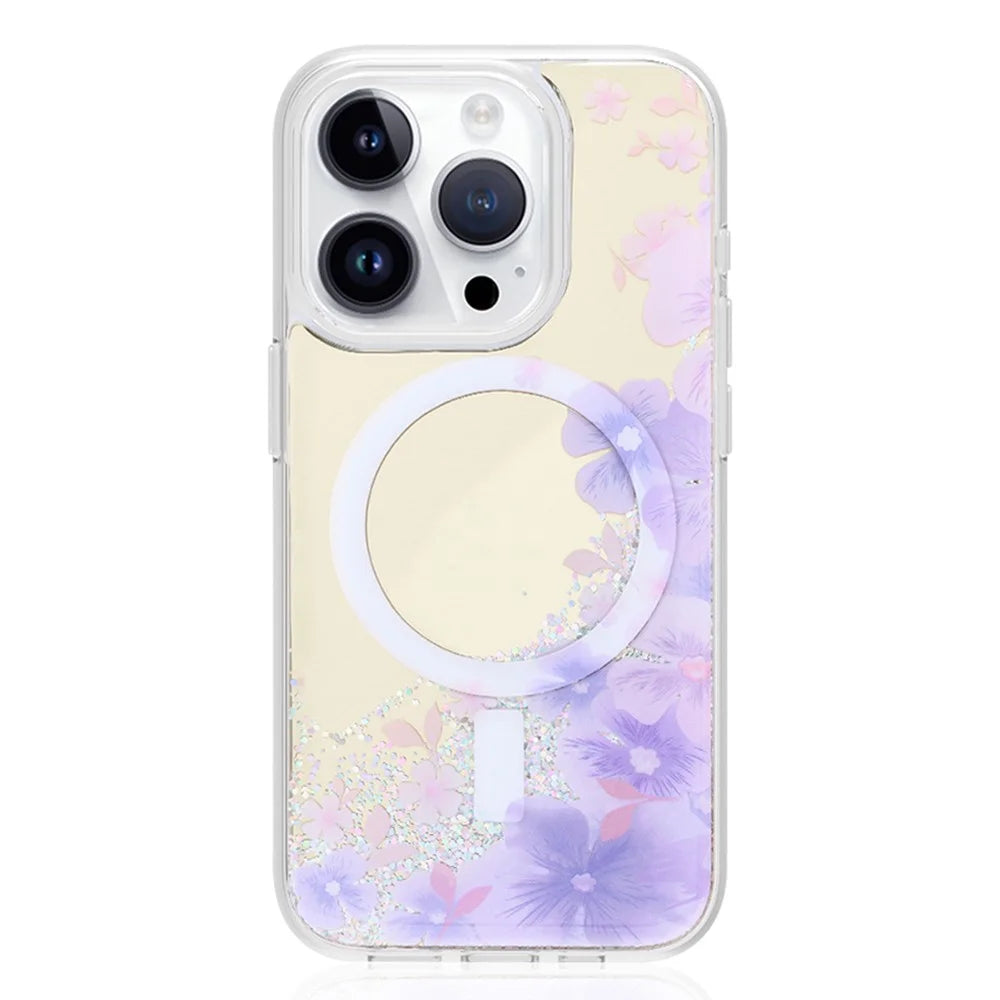 JAUCASE For iPhone 15 Pro Case Flower Pattern Mirror Surface TPU+PC Magnetic Cover - Purple Flower - 1