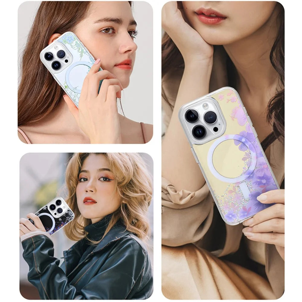 JAUCASE For iPhone 14 Pro Case Flower Pattern Mirror Surface TPU+PC Magnetic Cover - Purple Flower - 7