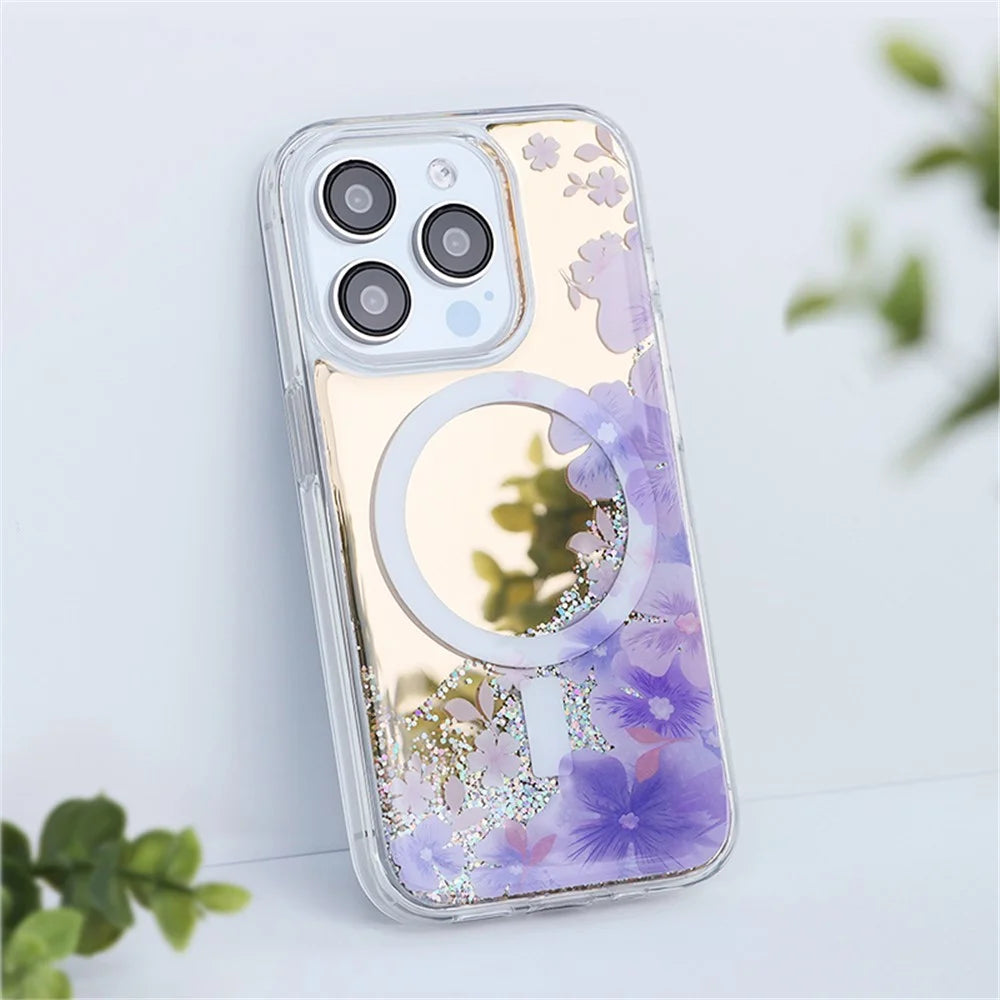 JAUCASE For iPhone 14 Pro Max Case Mirror Surface PC+TPU Phone Cover Compatible with MagSafe - Purple Flower - 2