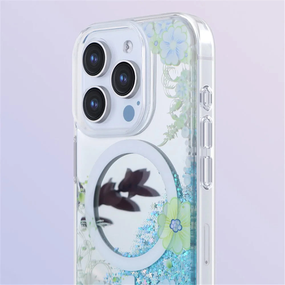 JAUCASE For iPhone 14 Pro Max Case Mirror Surface PC+TPU Phone Cover Compatible with MagSafe - Purple Flower - 5