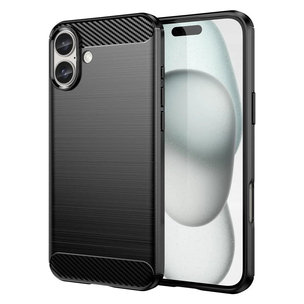 For iPhone 16 Plus Case Brushed Soft TPU Phone Cover Carbon Fiber Texture - Black - 1