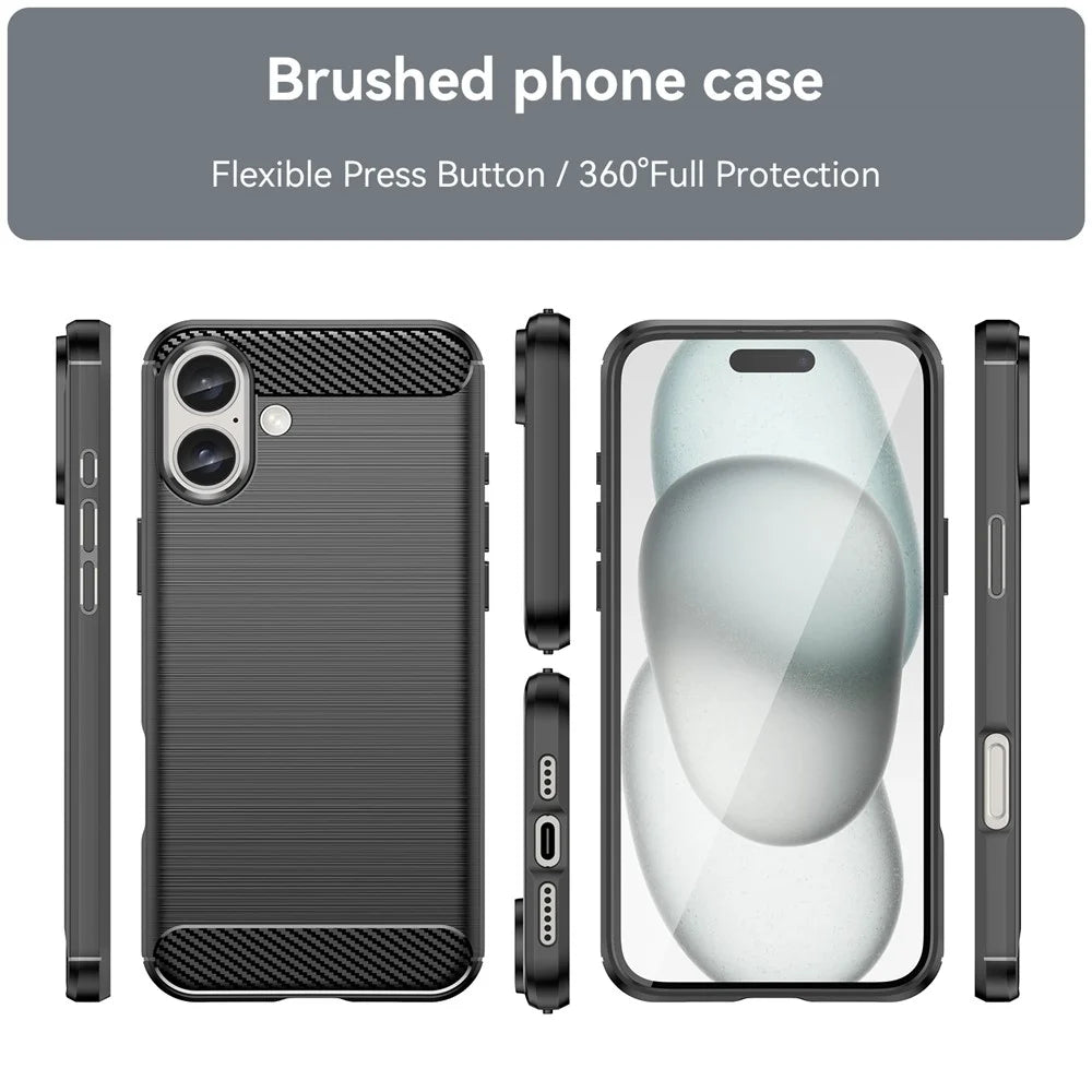 For iPhone 16 Plus Case Brushed Soft TPU Phone Cover Carbon Fiber Texture - Black - 2