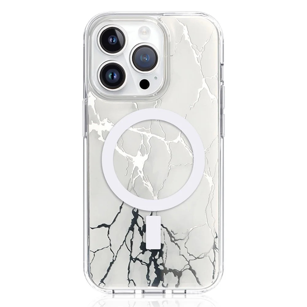 JAUCASE For iPhone 14 Pro Epoxy Crack Pattern Case Mirror Surface PC+TPU Phone Cover Compatible with MagSafe - White - 1