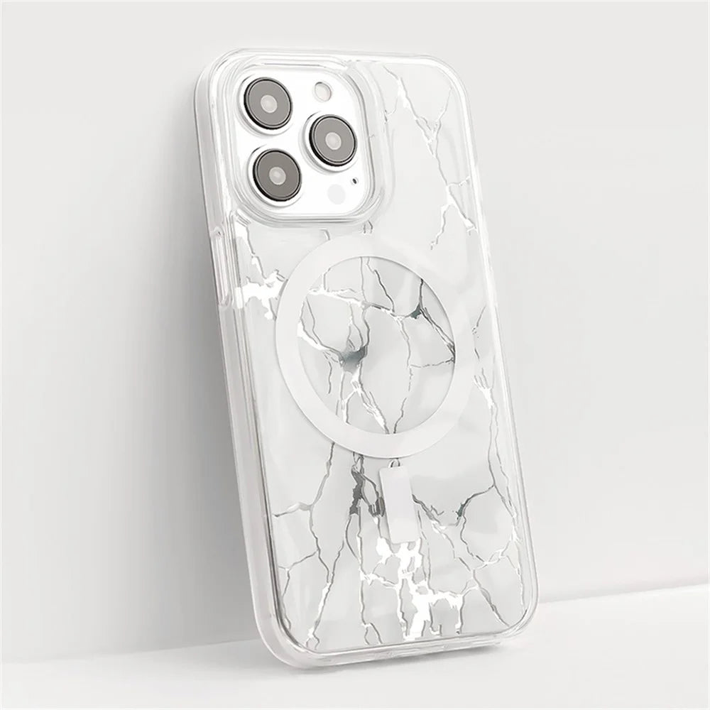JAUCASE For iPhone 14 Pro Epoxy Crack Pattern Case Mirror Surface PC+TPU Phone Cover Compatible with MagSafe - White - 2