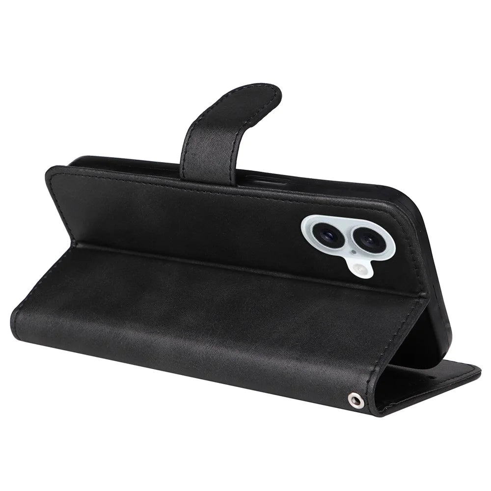 For iPhone 16 Plus Leather Wallet Case Calf Texture Magnetic Clasp Cell Phone Cover - Black - 4