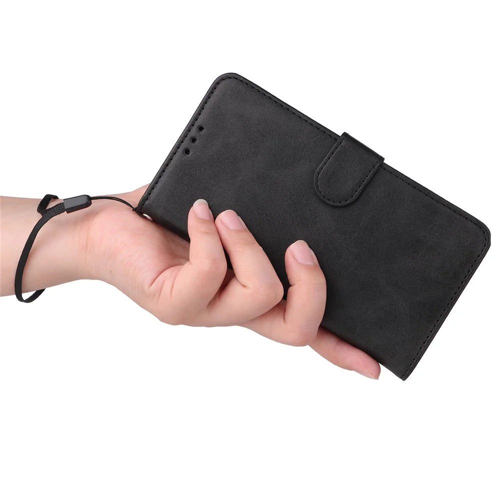 For iPhone 16 Plus Leather Wallet Case Calf Texture Magnetic Clasp Cell Phone Cover - Black - 6