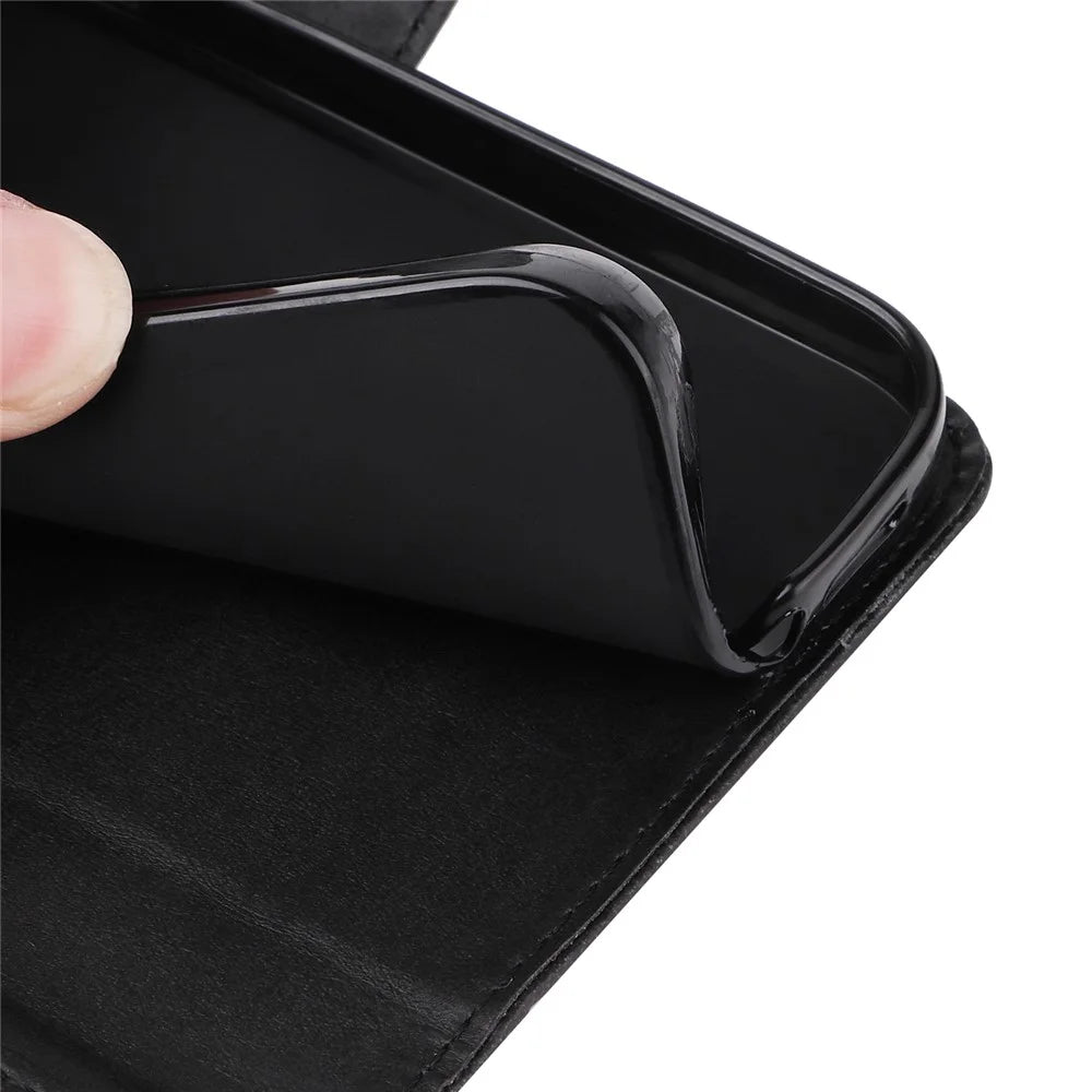 For iPhone 16 Plus Leather Wallet Case Calf Texture Magnetic Clasp Cell Phone Cover - Black - 7