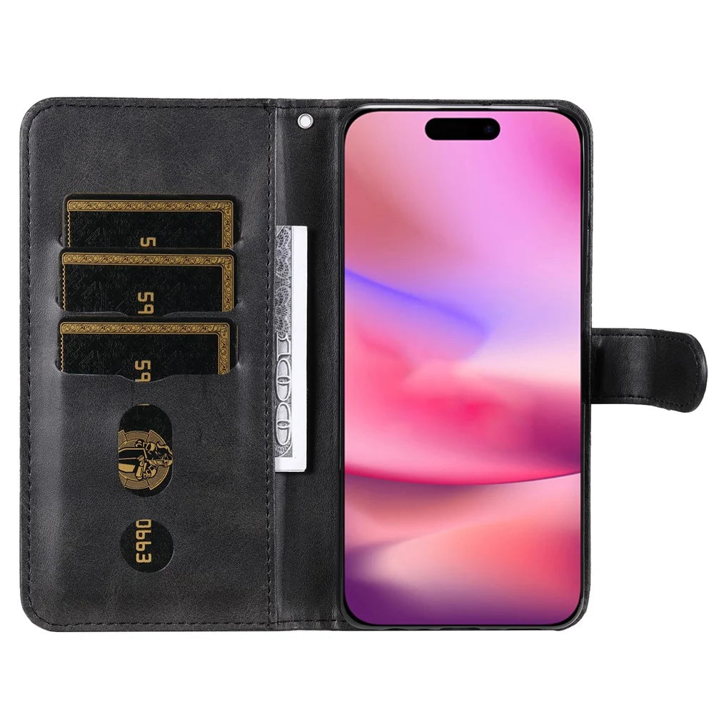 For iPhone 16 Case Zipper Pocket Wallet Shockproof PU Leather Phone Cover - Black - 2