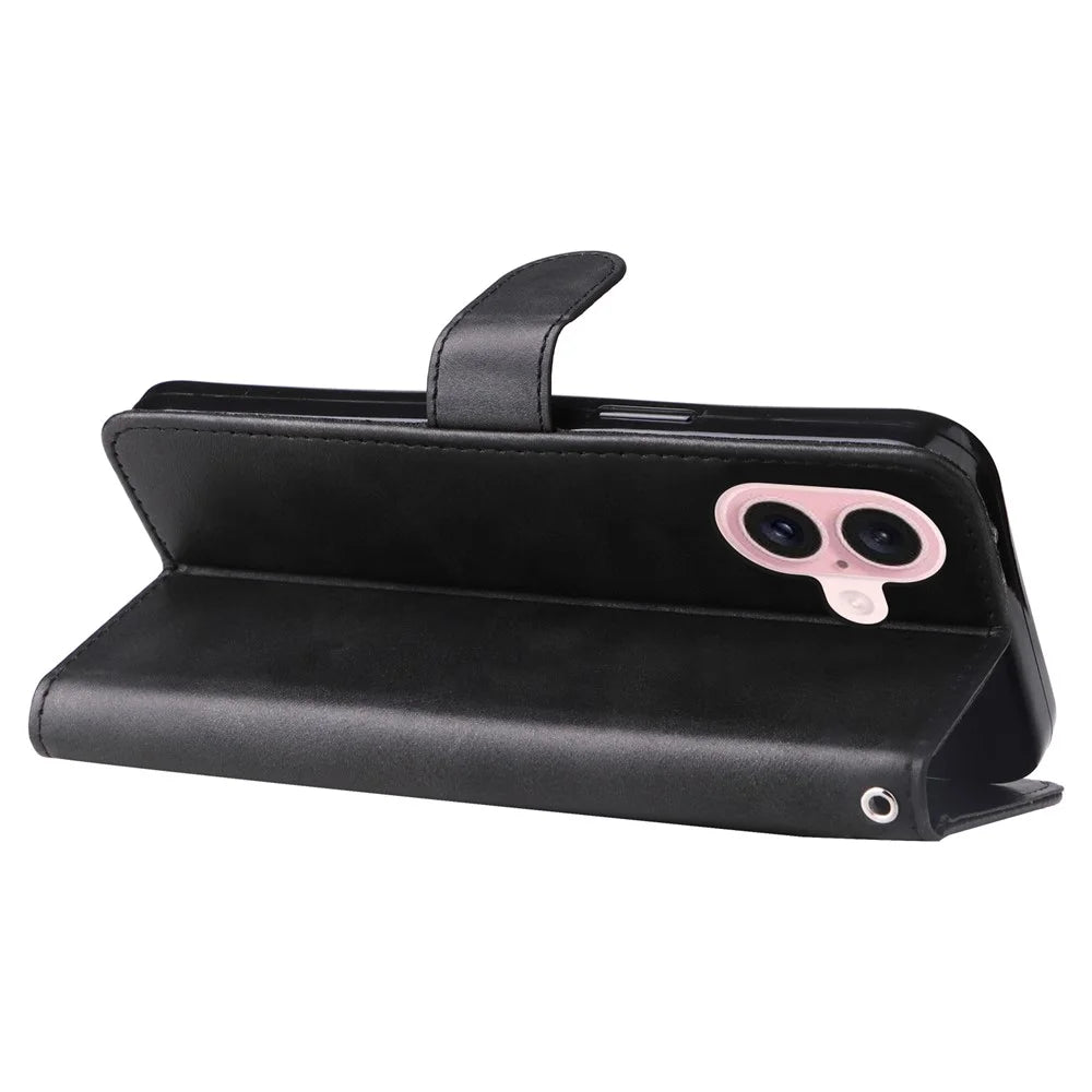 For iPhone 16 Case Zipper Pocket Wallet Shockproof PU Leather Phone Cover - Black - 4