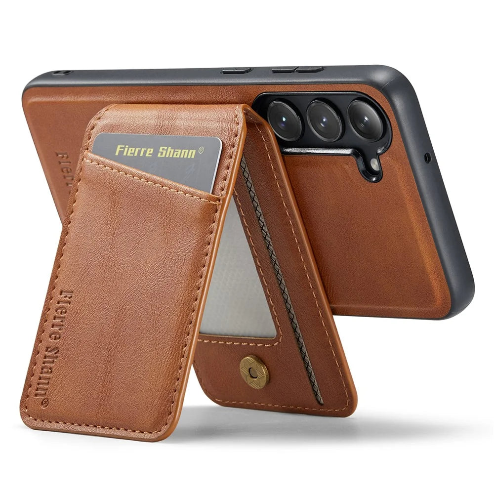 FIERRE SHANN 025 Style For Samsung Galaxy S23+ Case Card Holder Kickstand PU+TPU Phone Shell - Brown - 4