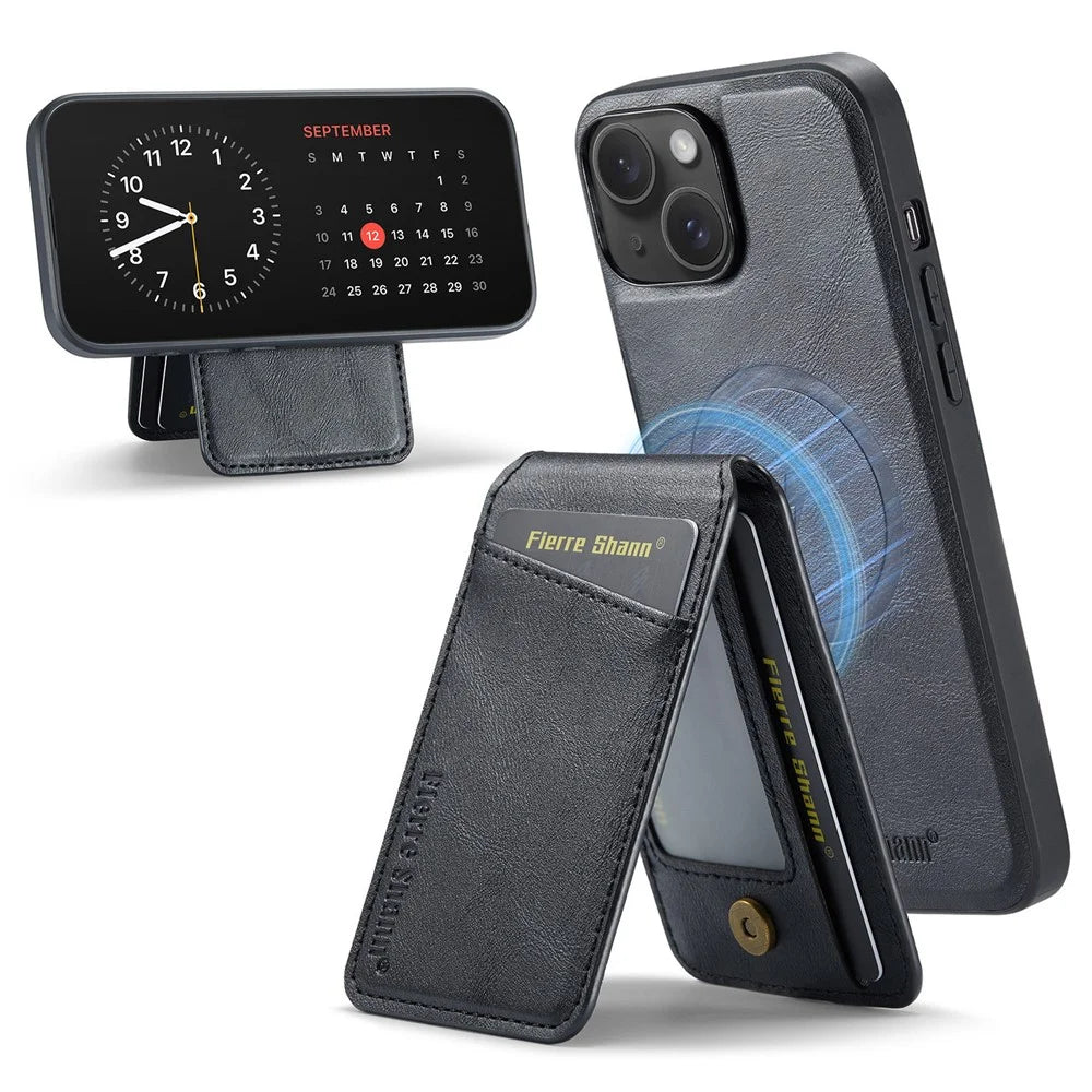 FIERRE SHANN 025 Style For iPhone 14 Plus Case Kickstand Card Slots Leather Back Phone Cover - Black - 1
