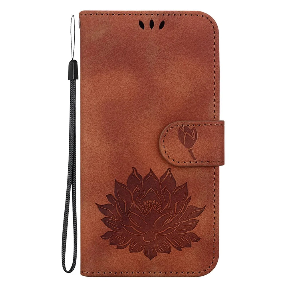 For Samsung Galaxy S23 FE Protective Case Leather Phone Cover Lotus Imprinted - Brown - 7