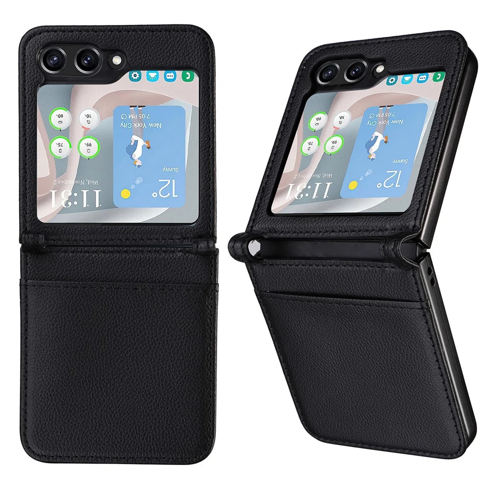 For Samsung Galaxy Z Flip7 FE 5G / Z Flip6 5G Case Litchi Texture PU Leather + PC Card Slot Phone Cover - Black - 1