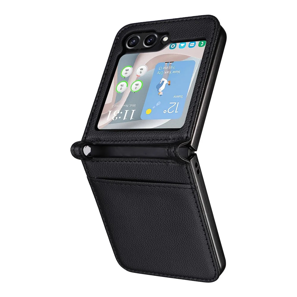 For Samsung Galaxy Z Flip7 FE 5G / Z Flip6 5G Case Litchi Texture PU Leather + PC Card Slot Phone Cover - Black - 4