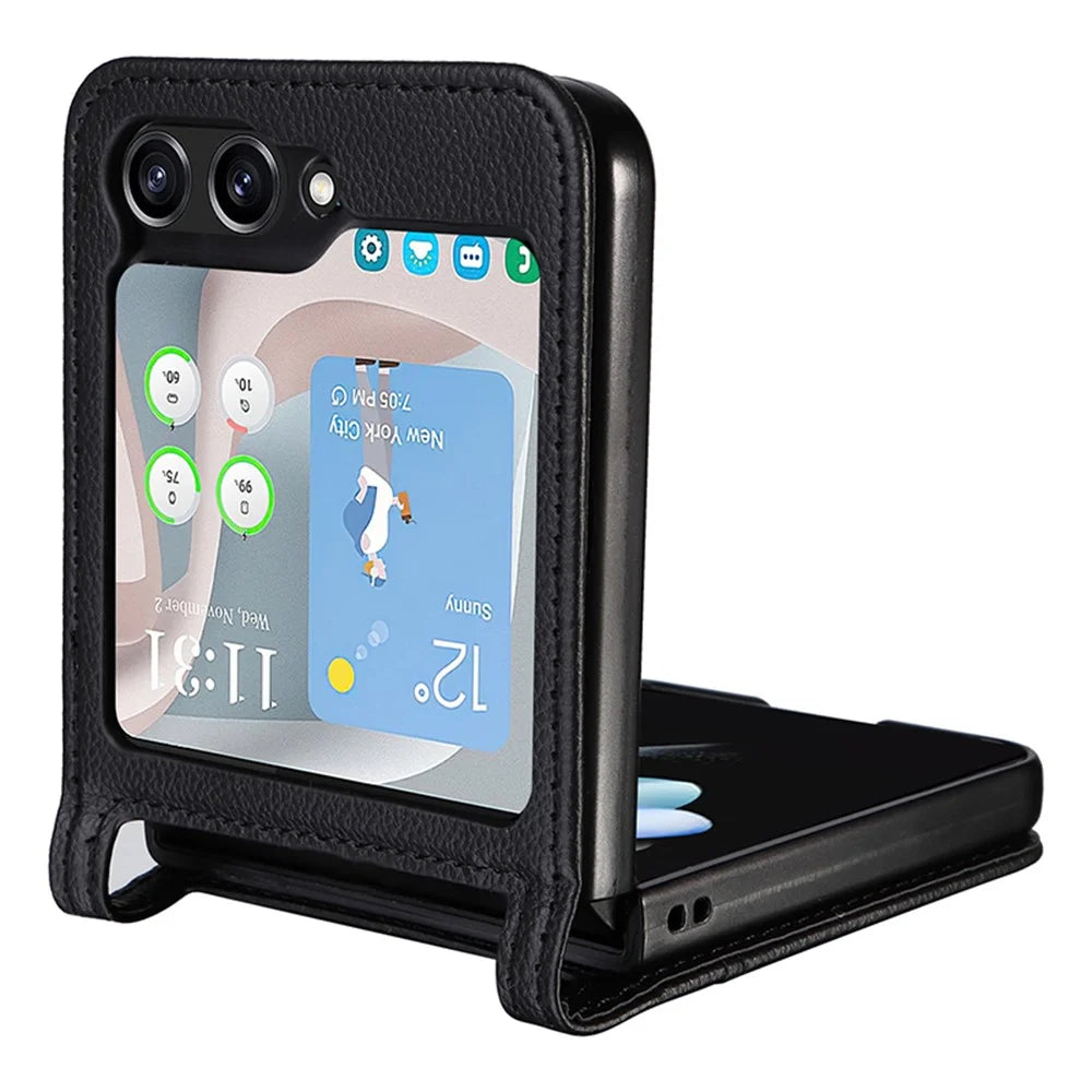 For Samsung Galaxy Z Flip7 FE 5G / Z Flip6 5G Case Litchi Texture PU Leather + PC Card Slot Phone Cover - Black - 5