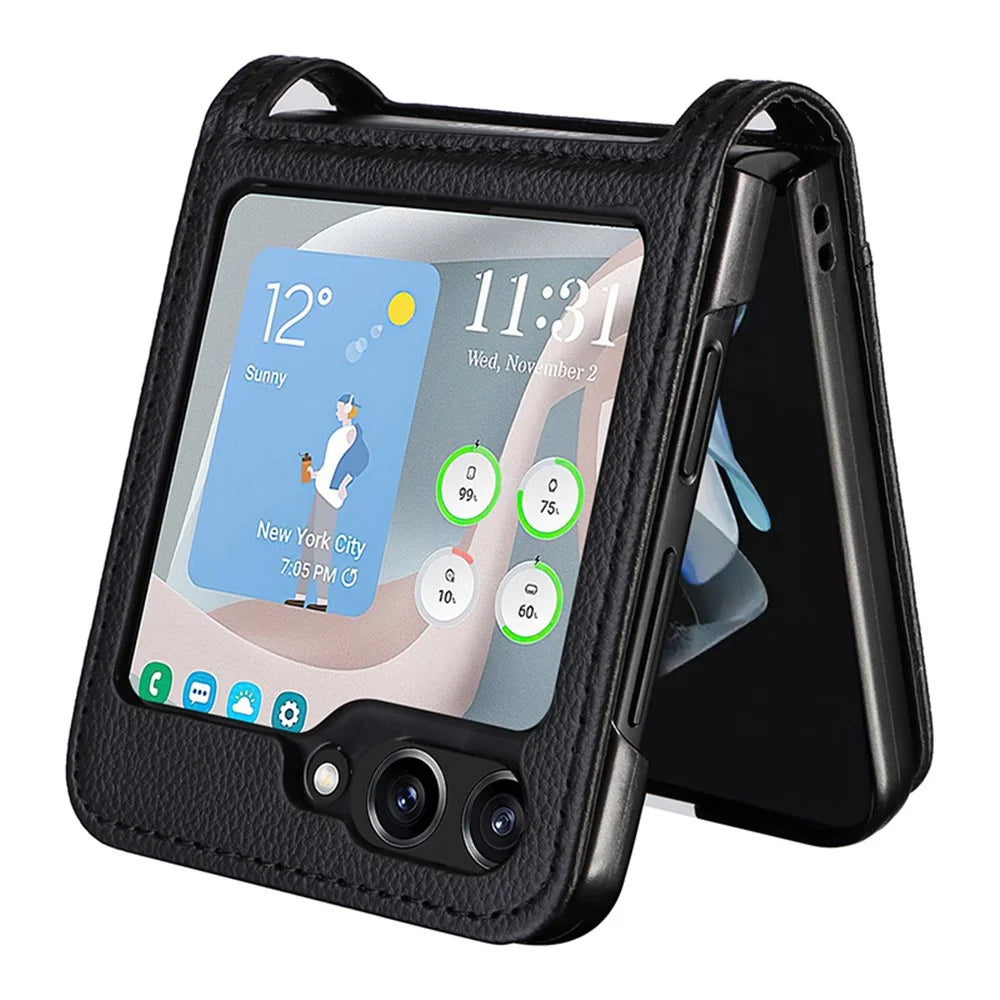 For Samsung Galaxy Z Flip7 FE 5G / Z Flip6 5G Case Litchi Texture PU Leather + PC Card Slot Phone Cover - Black - 6