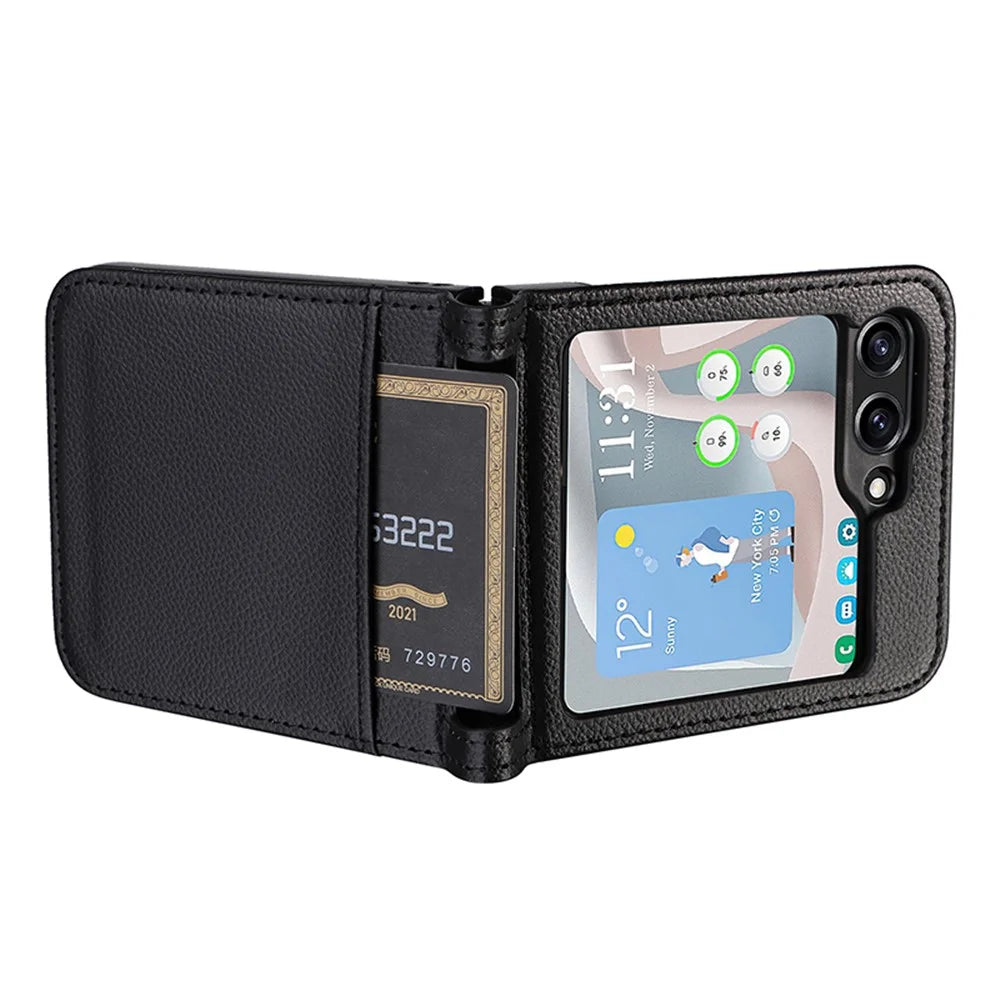 For Samsung Galaxy Z Flip7 FE 5G / Z Flip6 5G Case Litchi Texture PU Leather + PC Card Slot Phone Cover - Black - 7