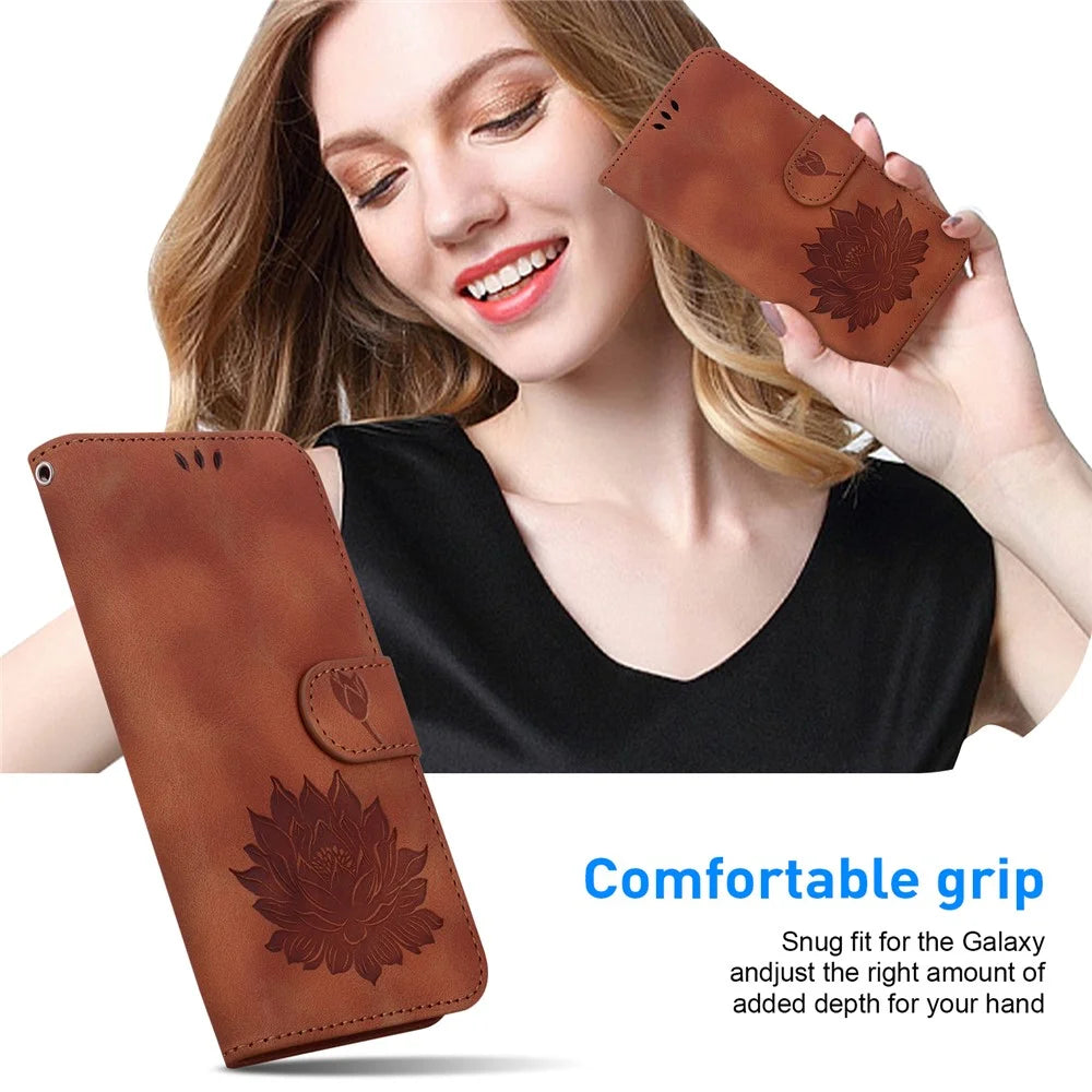 For Samsung Galaxy Xcover7 Case Lotus Pattern Leather Phone Cover Card / Cash Slots - Brown - 5