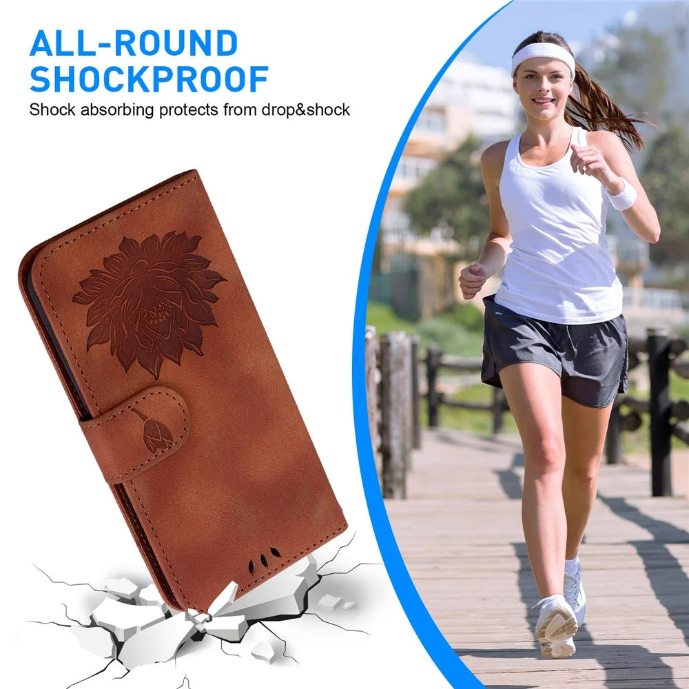 For Samsung Galaxy A35 5G Case Lotus Pattern Leather Phone Cover with Strap - Brown - 6