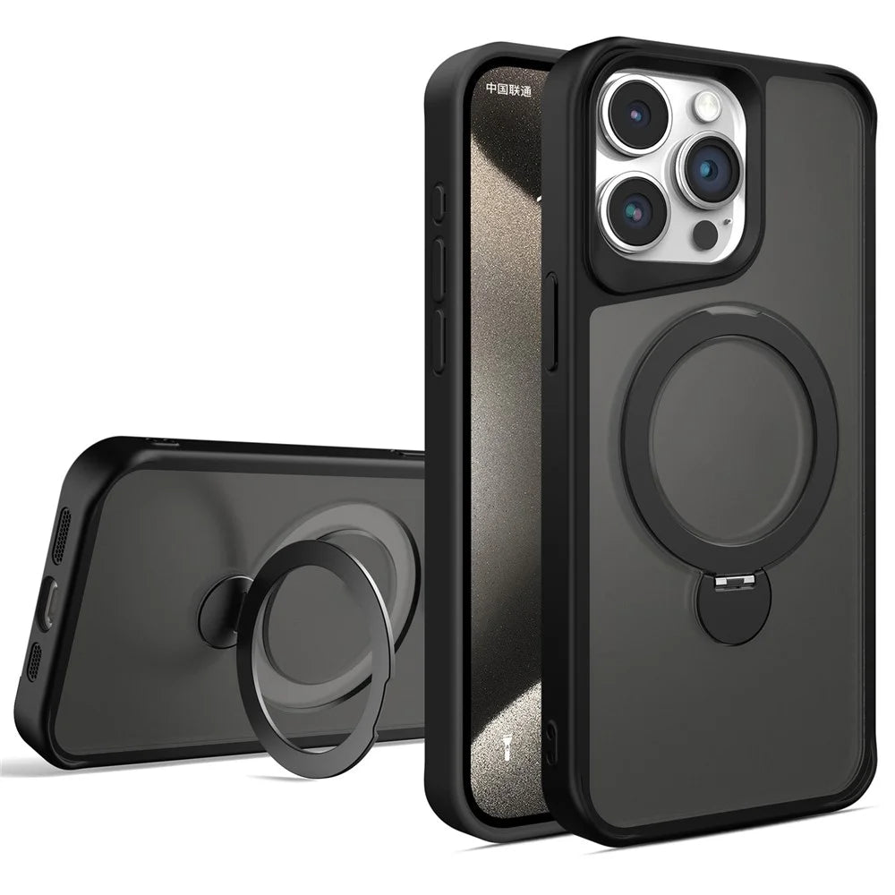 For iPhone 14 Pro Max Magnetic Case PC+TPU Ring Kickstand Phone Cover - Black - 1