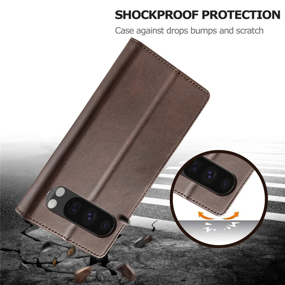 LC.IMEEKE For Google Pixel 9 Pro XL Case Calf Texture PU Leather Flip Phone Cover - Brown - 5