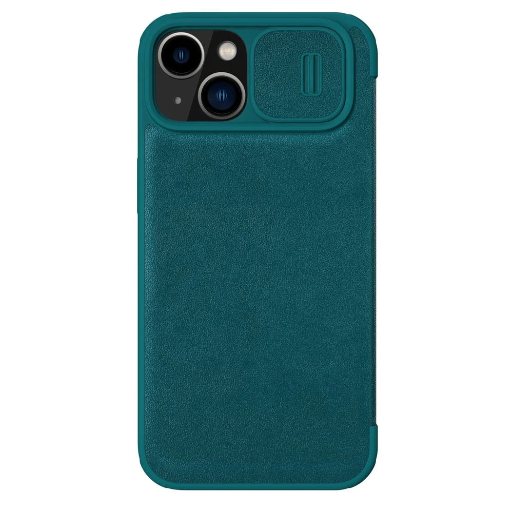 NILLKIN Qin Pro Series for iPhone 14 Plus Cloth Texture Phone Case with Sliding Lens Protection Cover PU Leather Anti-scratch Shell Card Holder - Green - 2