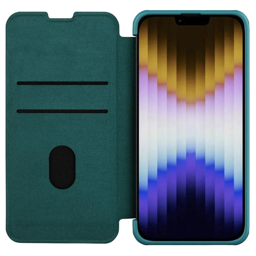 NILLKIN Qin Pro Series for iPhone 14 Plus Cloth Texture Phone Case with Sliding Lens Protection Cover PU Leather Anti-scratch Shell Card Holder - Green - 3