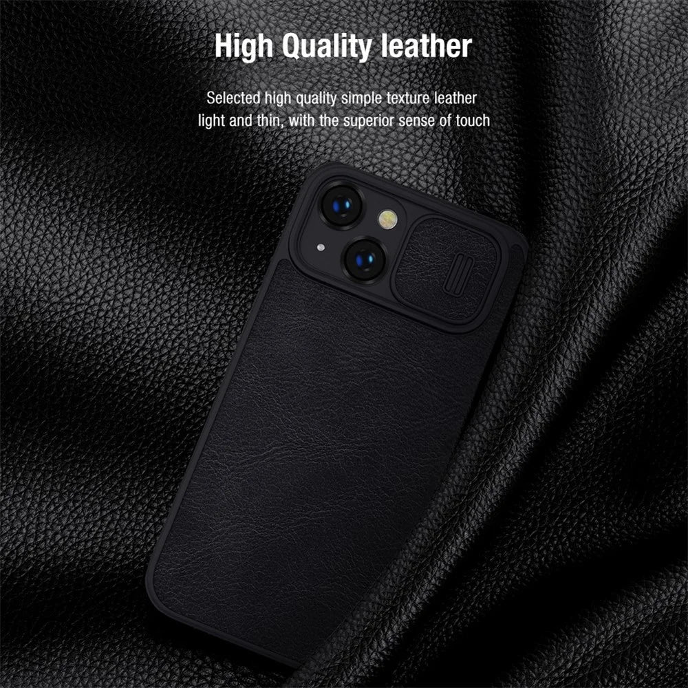 NILLKIN Qin Pro Series for iPhone 14 Plus Ultra Slim Dirt-proof Phone Case with Sliding Lens Protection Cover and Card Slots Anti-fall Phone Flip Shell - Black - 4