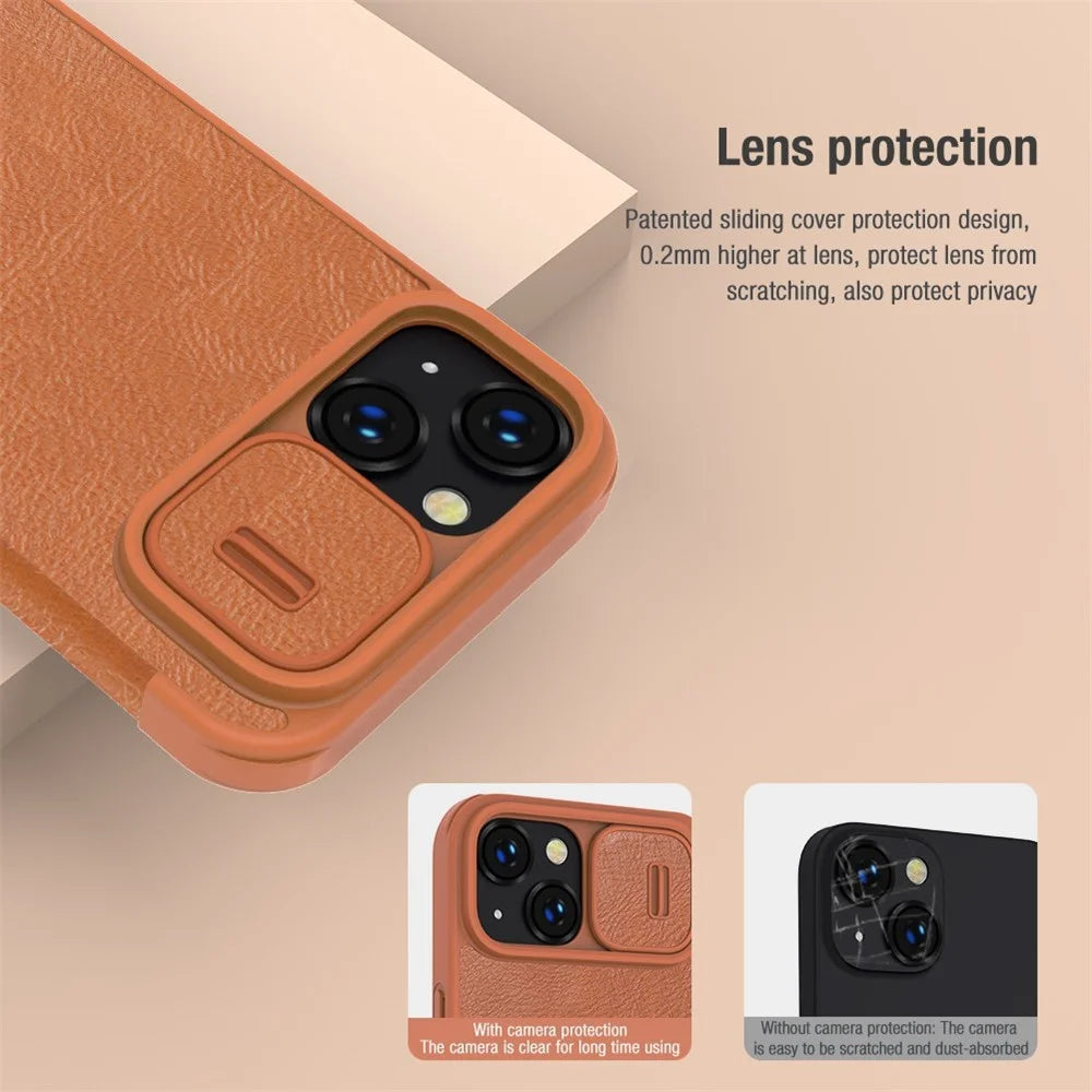 NILLKIN Qin Pro Series for iPhone 14 Plus Ultra Slim Dirt-proof Phone Case with Sliding Lens Protection Cover and Card Slots Anti-fall Phone Flip Shell - Black - 5