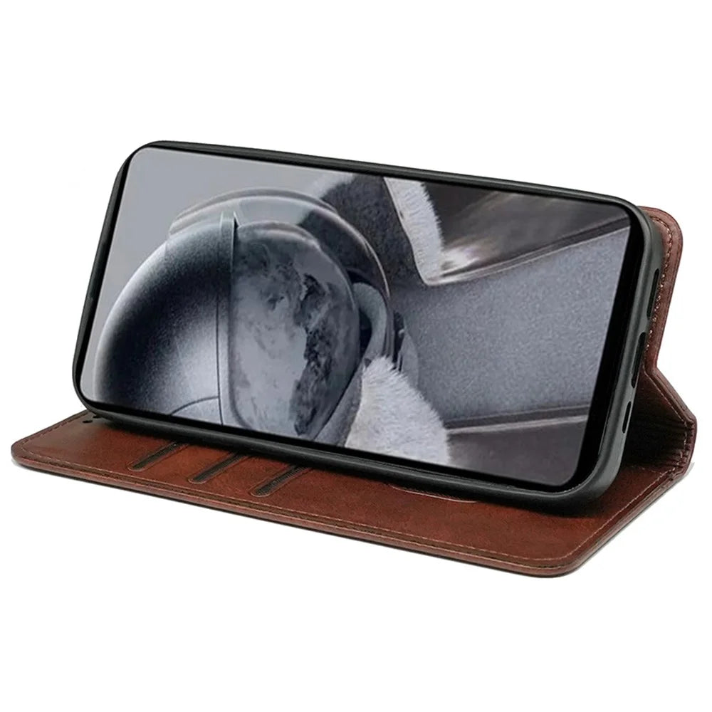 For iPhone 13 Pro Case Calf Texture Leather Phone Cover Strong Magnetic Closure Card Slots - Brown - 3