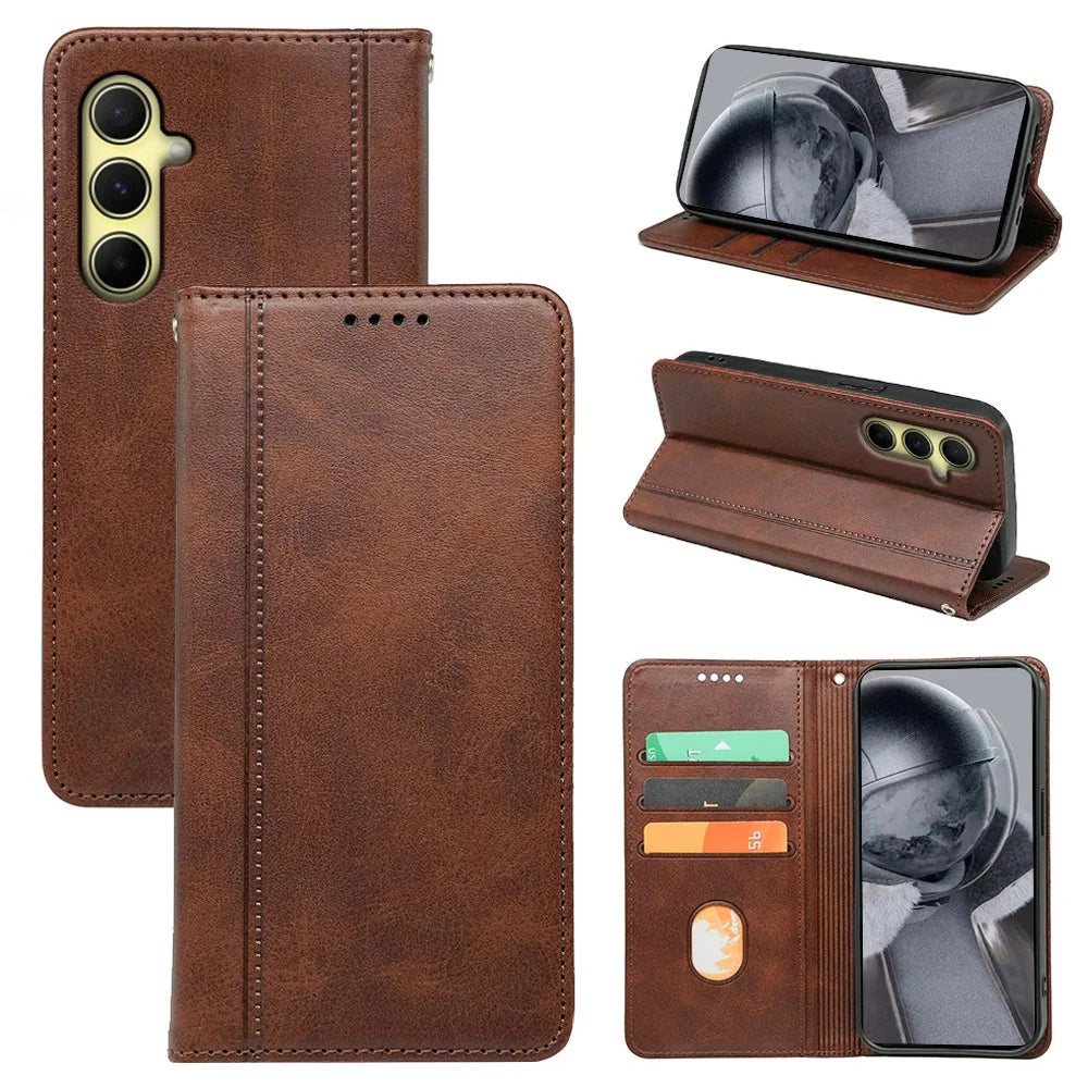 For Samsung Galaxy F55 5G / C55 5G / M55 5G Case Folio Design Calf Texture Leather Phone Cover - Brown - 1