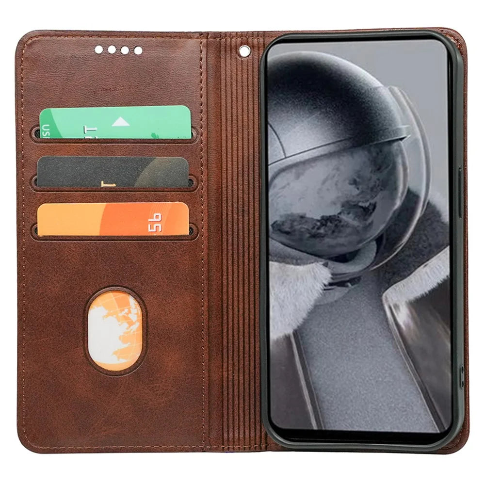 For Samsung Galaxy A35 5G Wallet Case Leather Phone Cover Calf Texture Strong Magnetic Closure - Brown - 2