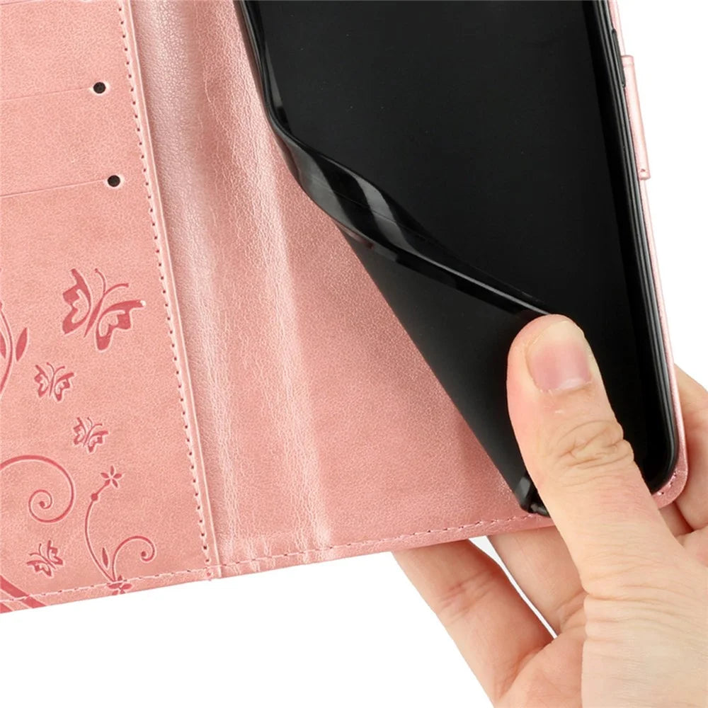 For iPhone 16 Plus Case Wallet PU Leather Butterfly Floral Phone Cover with Strap - Rose Gold - 5