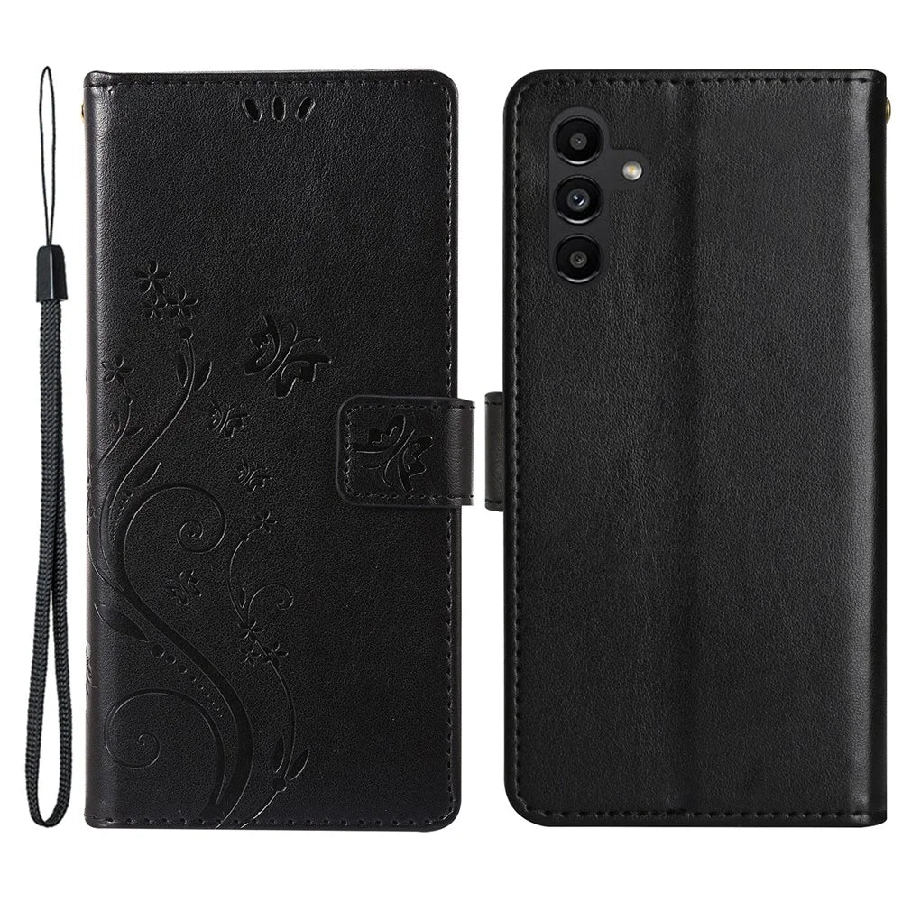 For Samsung Galaxy M55 5G / C55 5G / F55 5G Case Wallet Butterfly Floral PU Leather Phone Cover - Black - 1