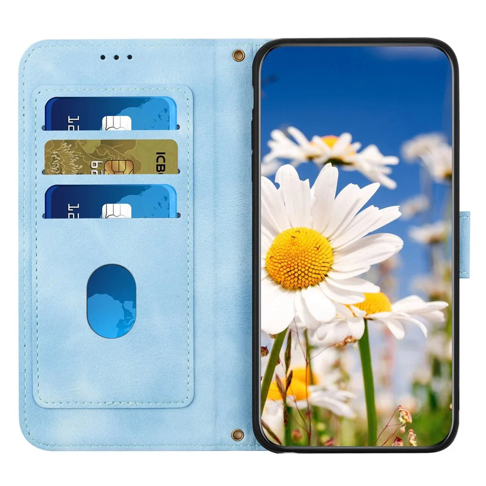 For iPhone 16 Pro Case Card Holder Stand PU Leather Floral Phone Cover - Baby Blue - 2