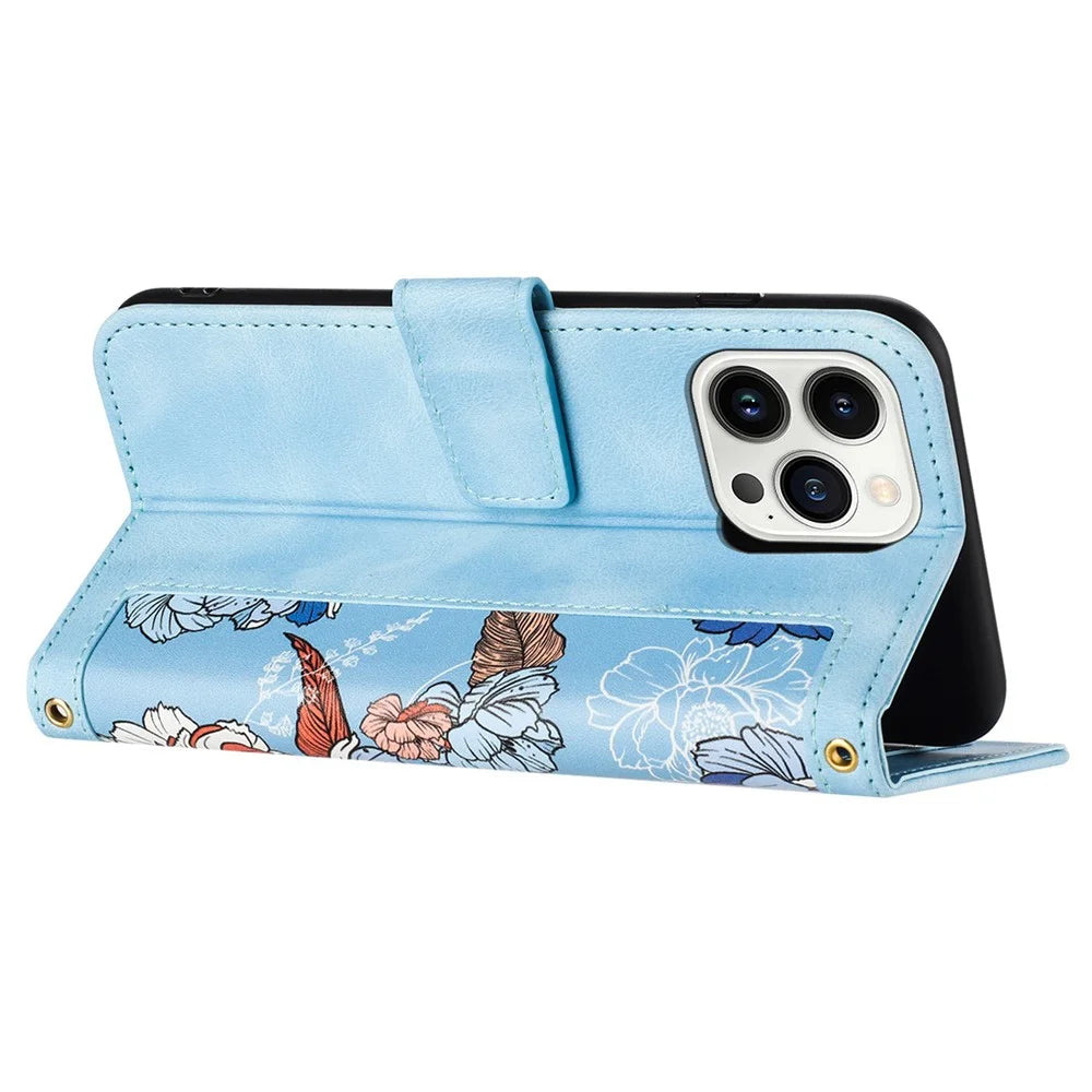 For iPhone 16 Pro Case Card Holder Stand PU Leather Floral Phone Cover - Baby Blue - 3