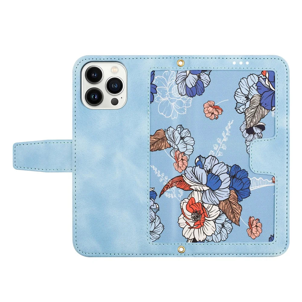 For iPhone 16 Pro Case Card Holder Stand PU Leather Floral Phone Cover - Baby Blue - 5