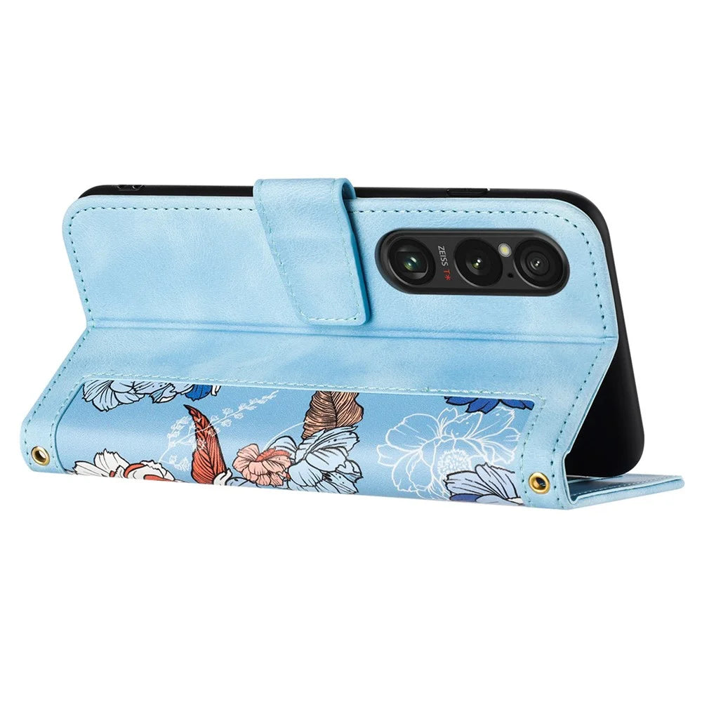 For Sony Xperia 1 VI Case Flower Pattern Card Slots Leather Phone Cover - Baby Blue - 3