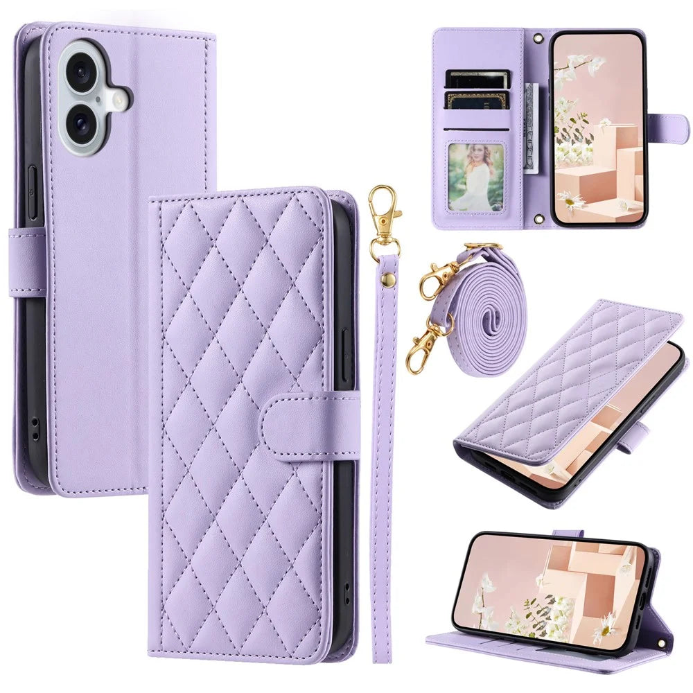 For iPhone 16 Plus Case Rhombus Grid PU Leather Wallet Crossbody Phone Cover - Purple - 1