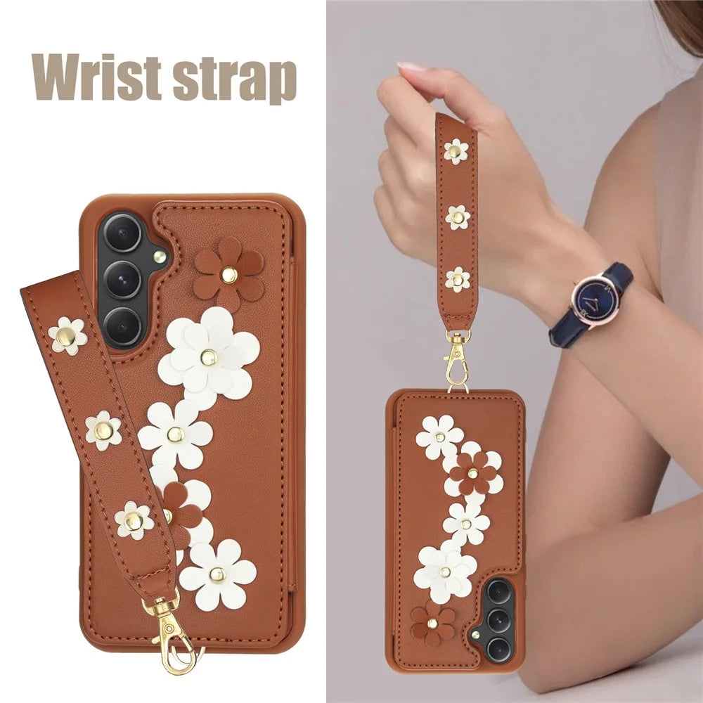 SY-001 For Samsung Galaxy S23 FE Case Card Holder Leather+TPU Flower Phone Cover - Brown - 5