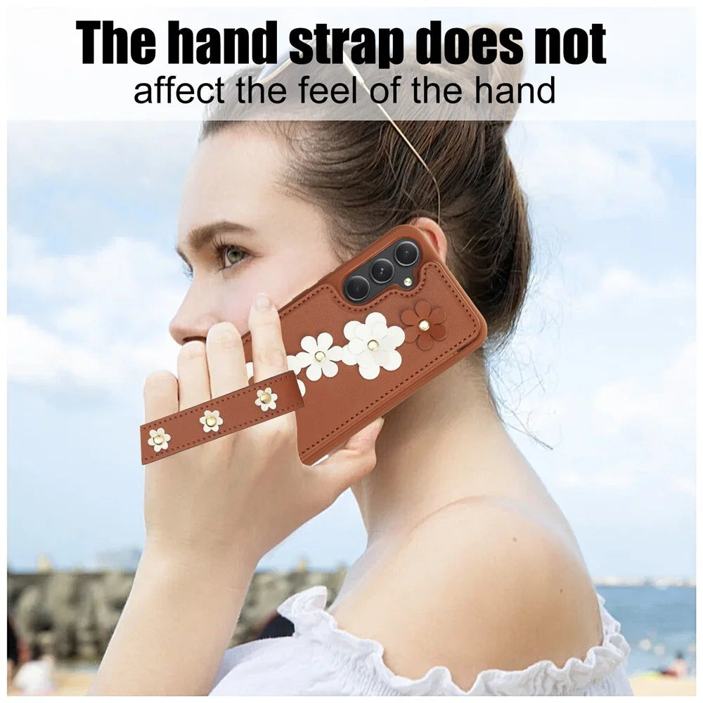 SY-001 For Samsung Galaxy S23 FE Case Card Holder Leather+TPU Flower Phone Cover - Brown - 6