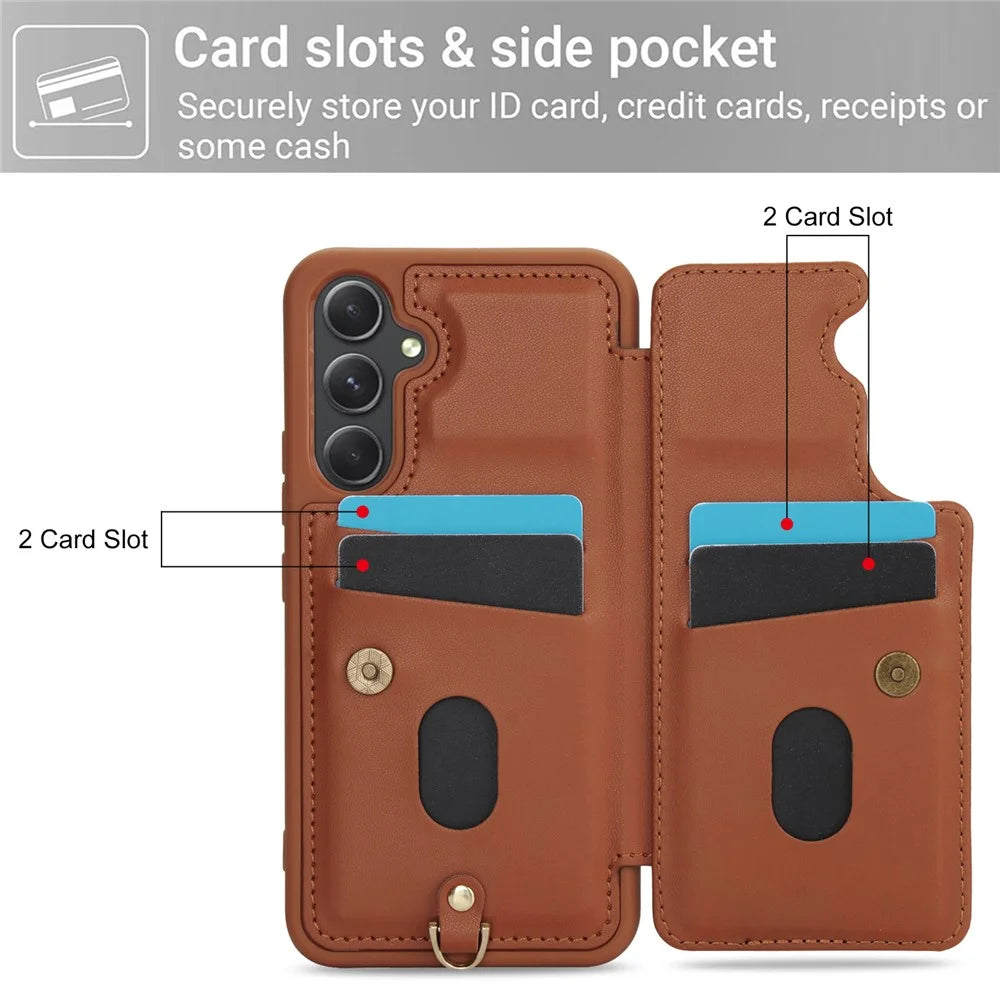 SY-001 For Samsung Galaxy S23 FE Case Card Holder Leather+TPU Flower Phone Cover - Brown - 7