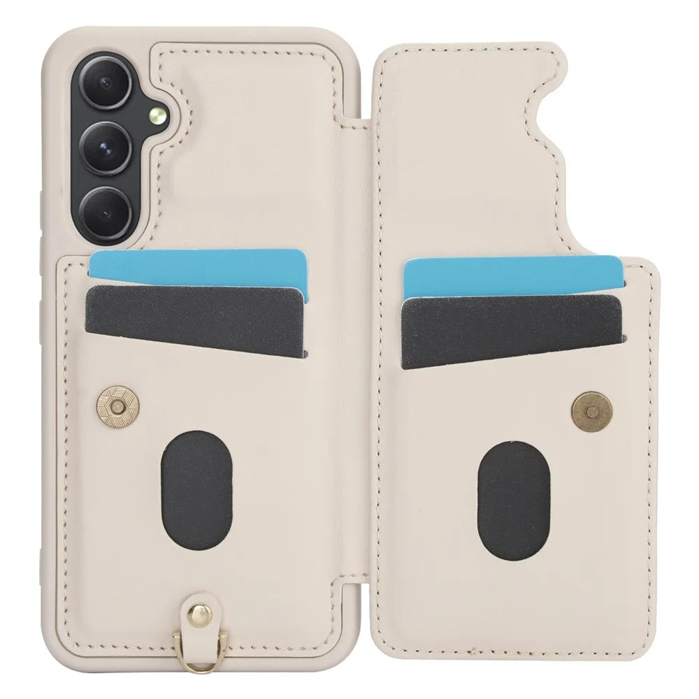 SY-001 For Samsung Galaxy S24+ Case Card Holder Kickstand Leather Back Phone Cover - Beige - 2