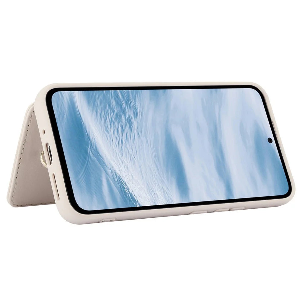 SY-001 For Samsung Galaxy S24+ Case Card Holder Kickstand Leather Back Phone Cover - Beige - 4