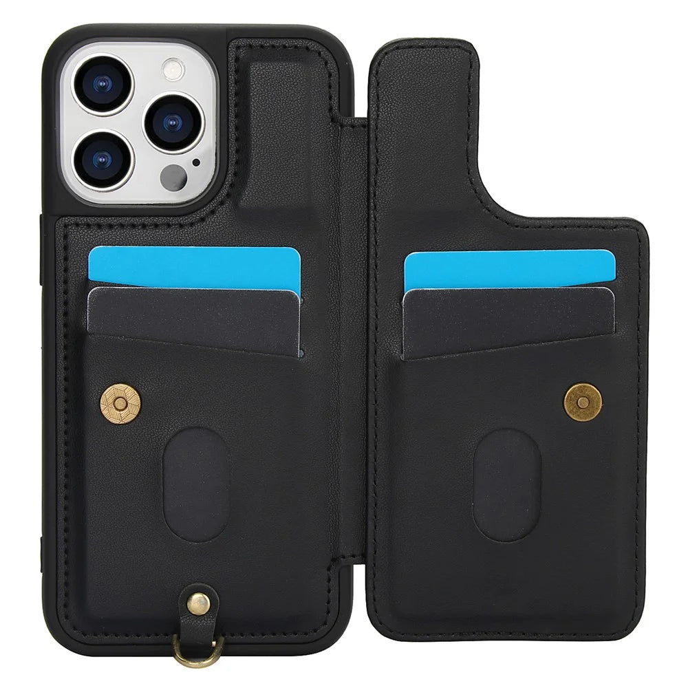 SY-001 For iPhone 15 Pro Max Case Leather Back Phone Cover with Hand Strap + Shoulder Strap - Black - 2